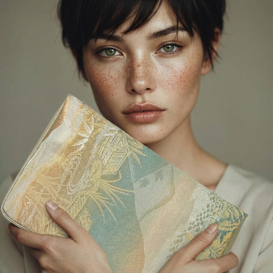 Japanese Silk Kimono Purse with Gold & Green Countryside Scene