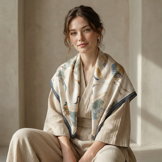 Japanese Silk Scarf, Crane Bird Design, Lucky Charm
