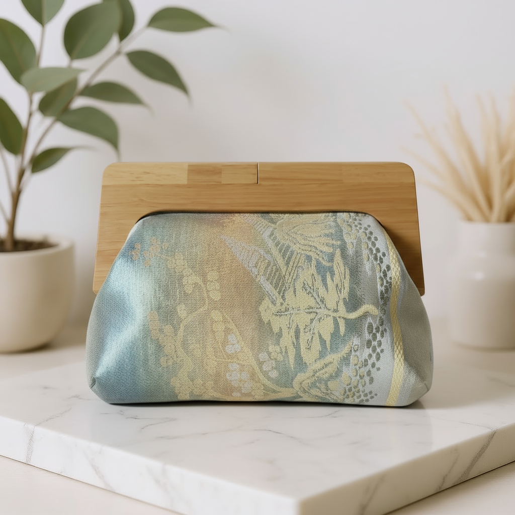 Japanese Obi Clutch Bag with Wooden Frame