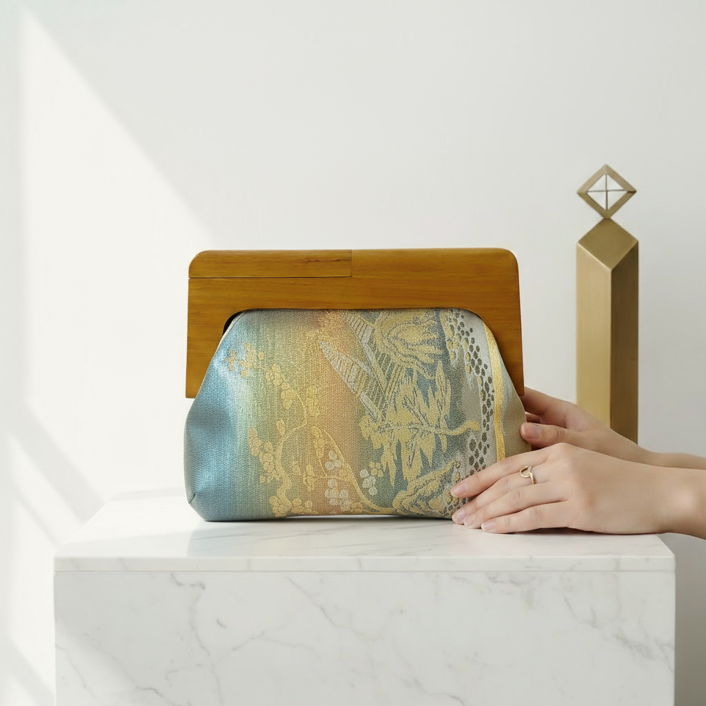 Japanese Obi Clutch Bag with Wooden Frame