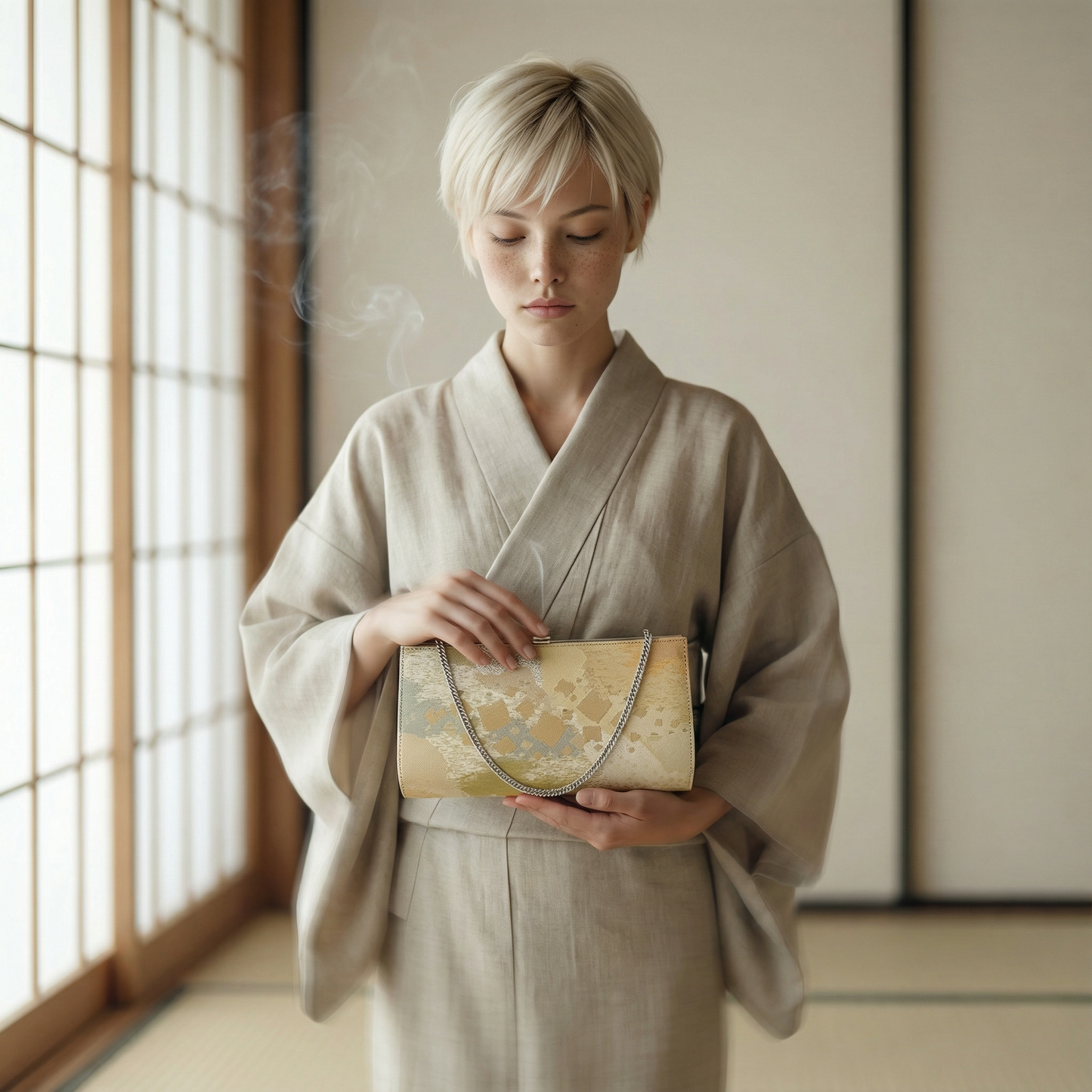 Japanese Obi Kimono Clutch – Vintage Gold Fabric Chain Evening Bag