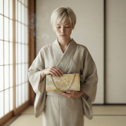 Japanese Obi Kimono Clutch – Vintage Gold Fabric Chain Evening Bag