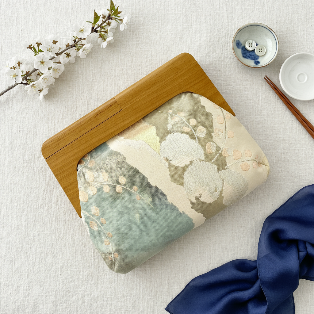 Obi Clutch – Sage Green and Light Beige Kimono Fabric Bag with Wooden Frame