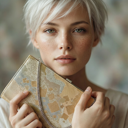 Japanese Obi Kimono Clutch – Vintage Gold Fabric Chain Evening Bag