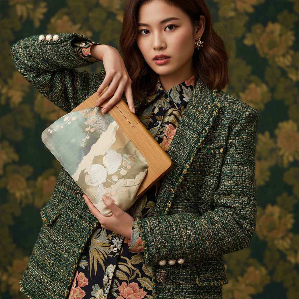 Obi Clutch – Sage Green and Light Beige Kimono Fabric Bag with Wooden Frame