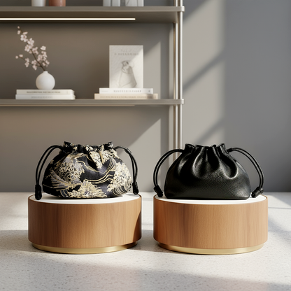 Reversible Japanese Kinchaku Clutch – Indigo & Gold Cotton with Leather