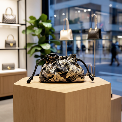 Reversible Japanese Kinchaku Clutch – Indigo & Gold Cotton with Leather