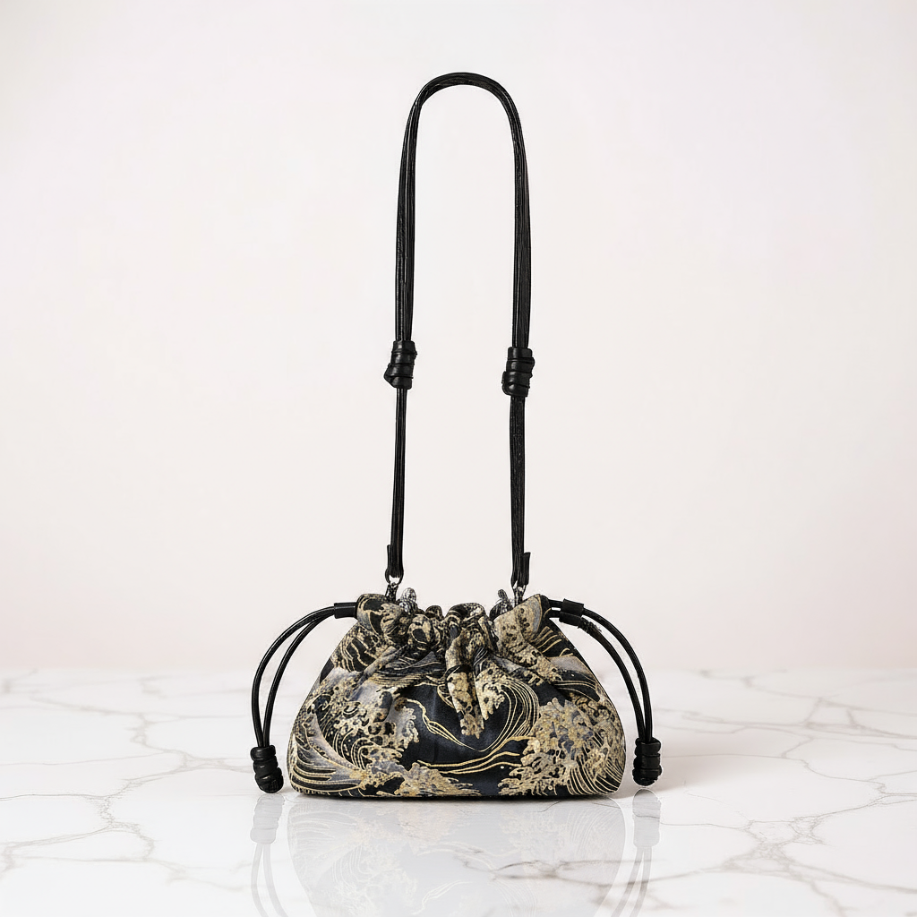 Reversible Japanese Kinchaku Clutch – Indigo & Gold Cotton with Leather