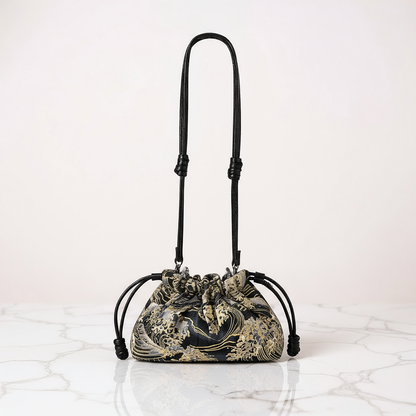 Reversible Japanese Kinchaku Clutch – Indigo & Gold Cotton with Leather