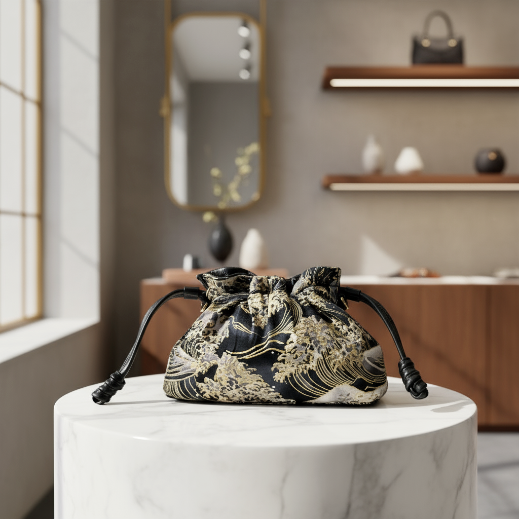 Reversible Japanese Kinchaku Clutch – Indigo & Gold Cotton with Leather