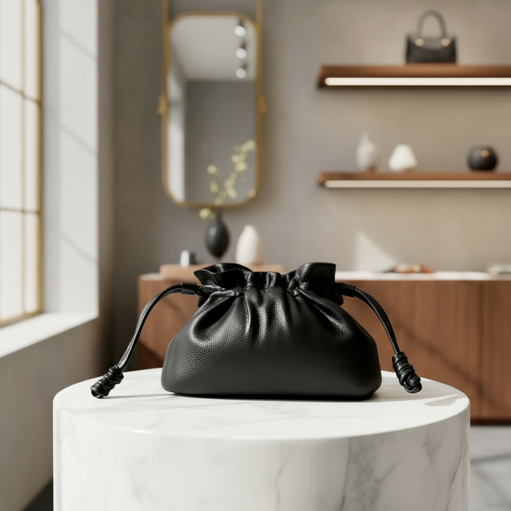 Reversible Japanese Kinchaku Clutch – Indigo & Gold Cotton with Leather