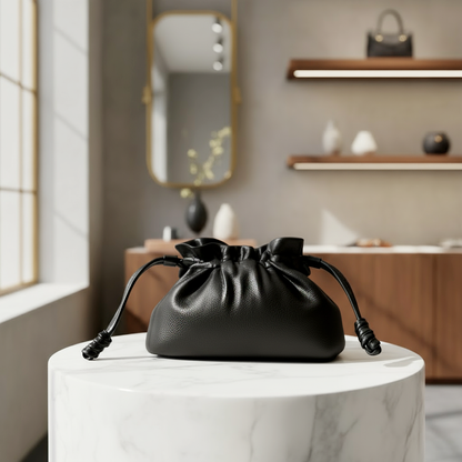 Reversible Japanese Kinchaku Clutch – Indigo & Gold Cotton with Leather