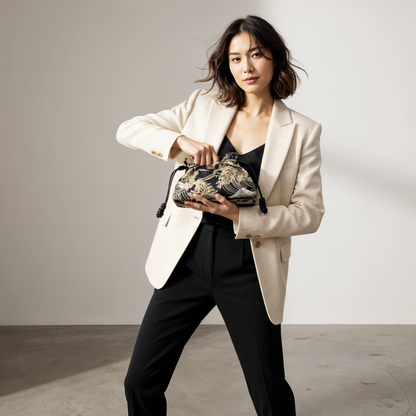 Reversible Japanese Kinchaku Clutch – Indigo & Gold Cotton with Leather