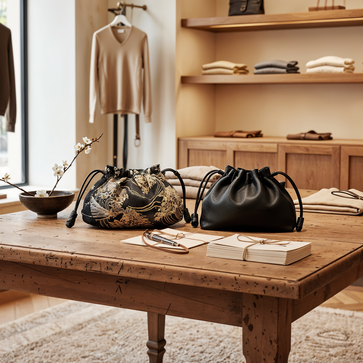 Reversible Japanese Kinchaku Clutch – Indigo & Gold Cotton with Leather