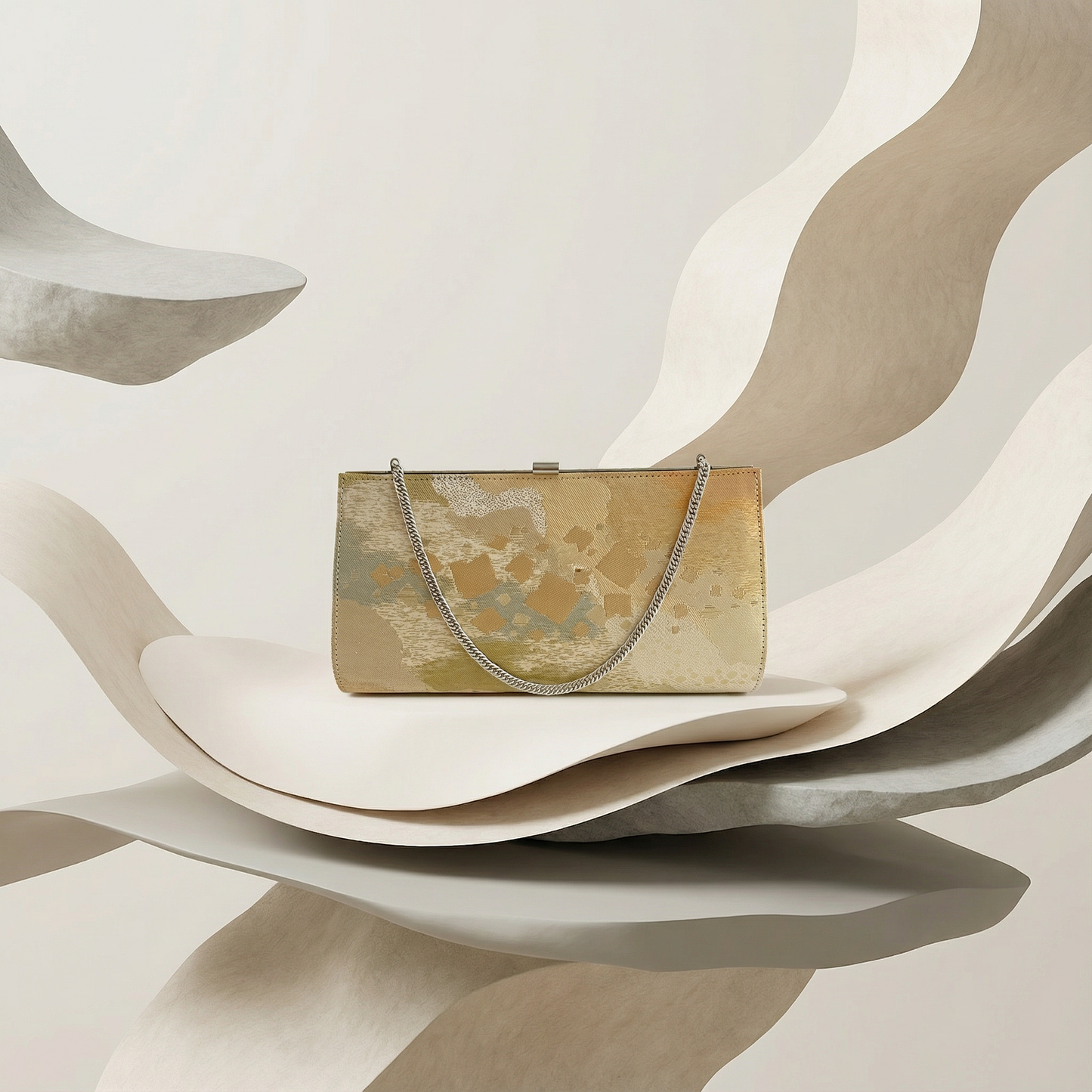 Japanese Obi Kimono Clutch – Vintage Gold Fabric Chain Evening Bag