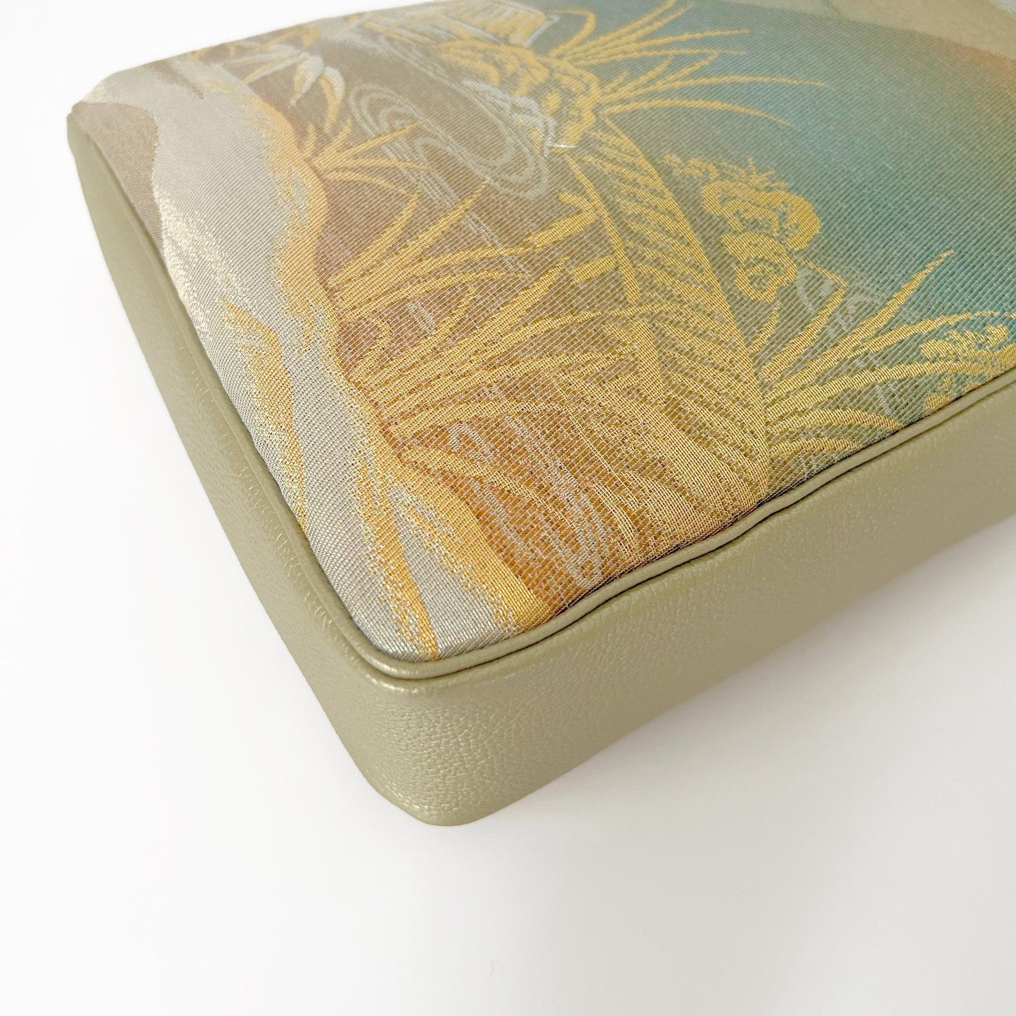 Japanese Silk Kimono Purse with Gold & Green Countryside Scene