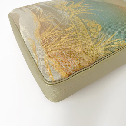 Japanese Silk Kimono Purse with Gold & Green Countryside Scene