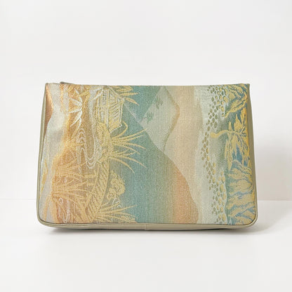 Japanese Silk Kimono Purse with Gold & Green Countryside Scene