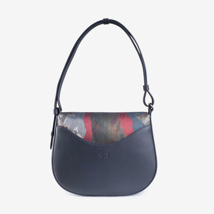 Leather Shoulder Bag with Vintage Obi Fabric Flap