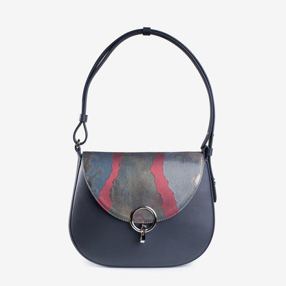 Leather Shoulder Bag with Vintage Obi Fabric Flap