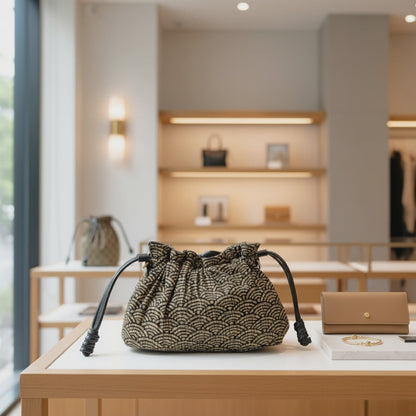 Japanese Kinchaku Clutch – Reversible Handcrafted Bag with Seigaiha Waves