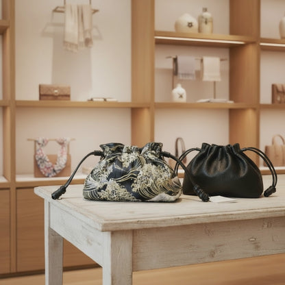 Reversible Japanese Kinchaku Clutch – Indigo & Gold Cotton with Leather