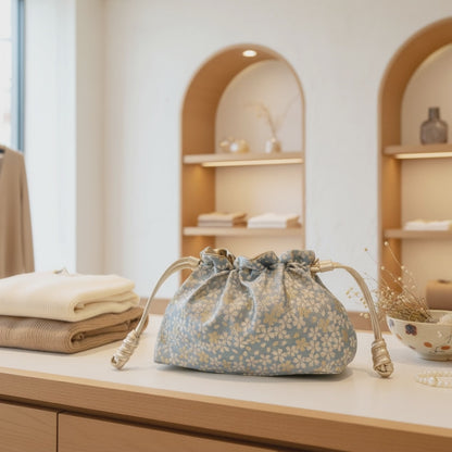 Reversible Japanese Kinchaku Bag – Soft Sky Blue & Gold Sakura Pattern